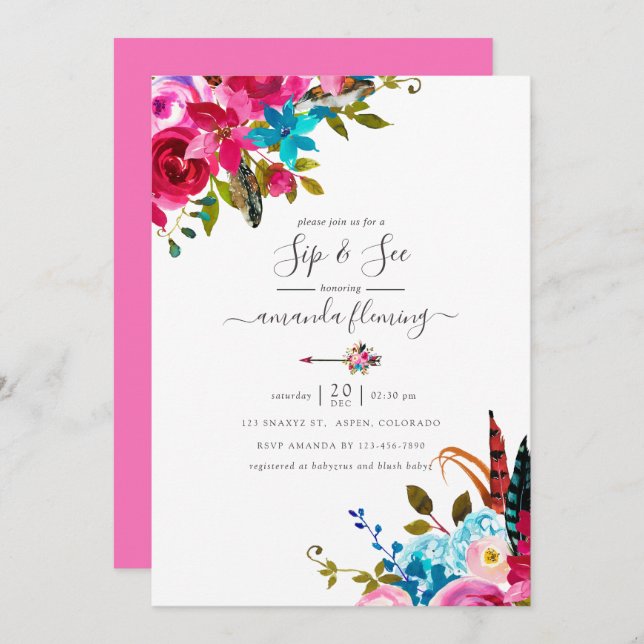 Pink Watercolor Boho Chic Floral Quinceañera Invitation (Front/Back)