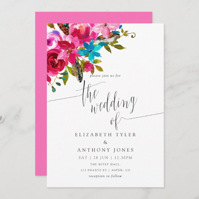 Pink Watercolor Boho Chic Floral Wedding Invite (Front/Back)