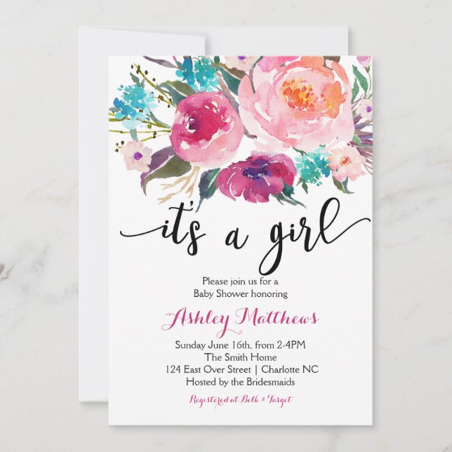 Pink watercolor boho Floral Baby Shower Invitation (Front)
