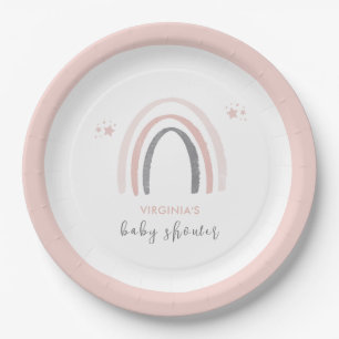 Pink Watercolor Boho Rainbow Baby Shower Paper Plate