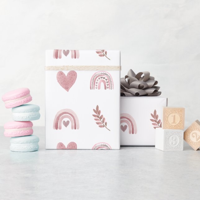 Pink Watercolor Boho Rainbow Wrapping Paper (Baby Shower)