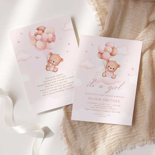 Pink Watercolor Boho Teddy Bear Girl Baby Shower  Invitation (Creator Uploaded)