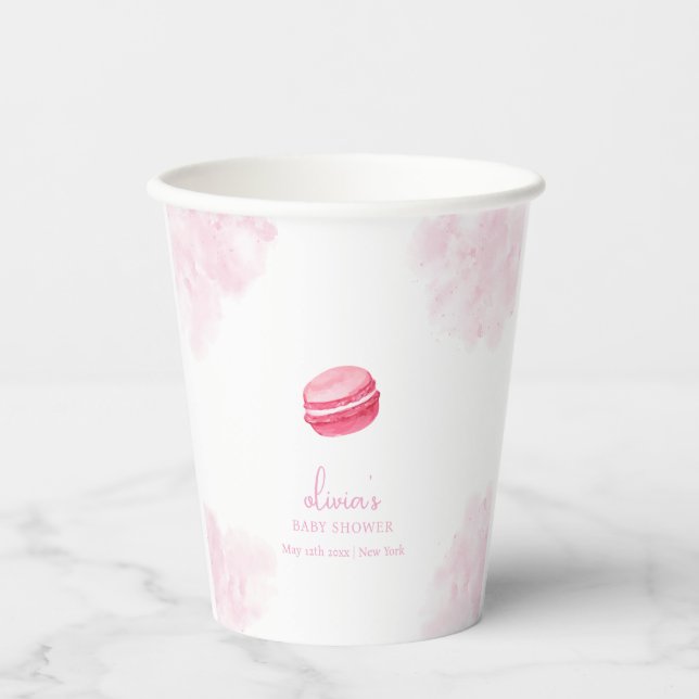 Pink Watercolor Bonjour Bébé Macaron Baby Shower Paper Cups (Front)