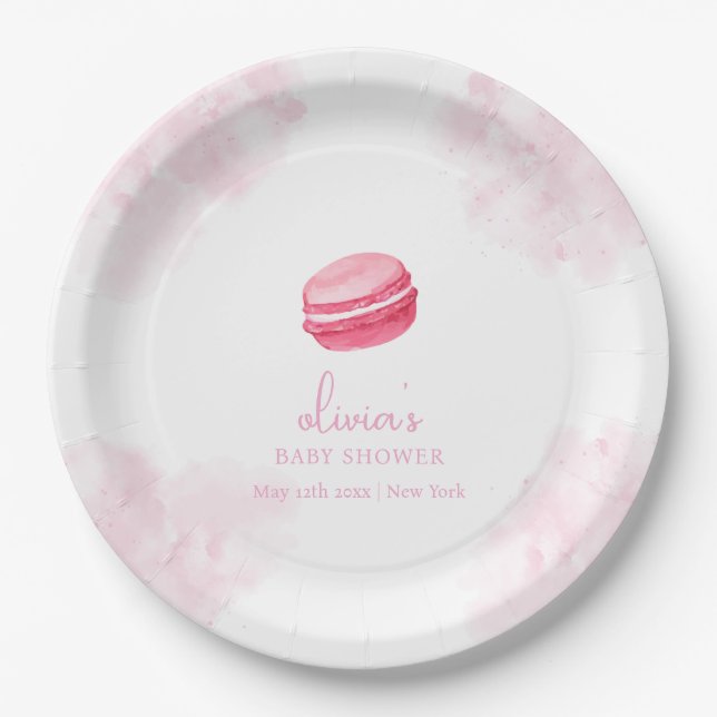 Pink Watercolor Bonjour Bébé Macaron Baby Shower Paper Plate (Front)