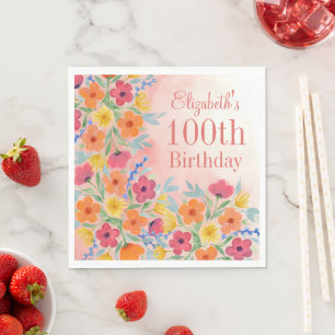 Pink Watercolor Botanical Personalised Birthday  Napkin