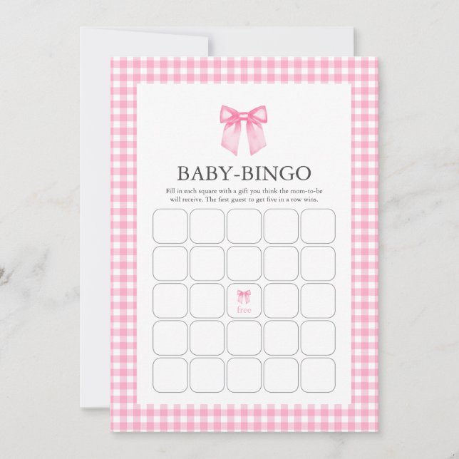 Pink Watercolor Bow Baby Shower Bingo Card (Front)
