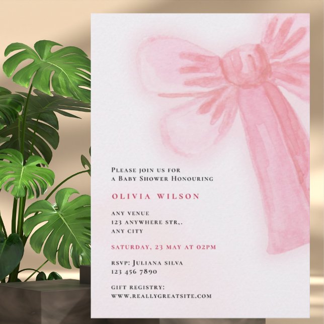 Pink Watercolor Bow Baby Shower Invitation (Creator Uploaded)