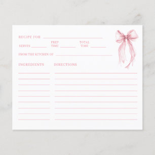 Pink Watercolor Bow Bridal Shower Recipe Keepsake