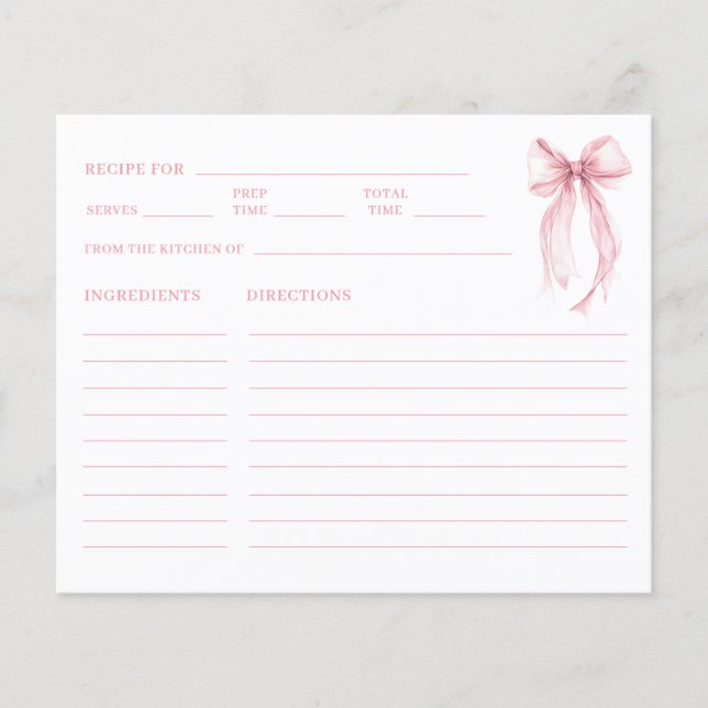 Pink Watercolor Bow Bridal Shower Recipe Keepsake (Front)