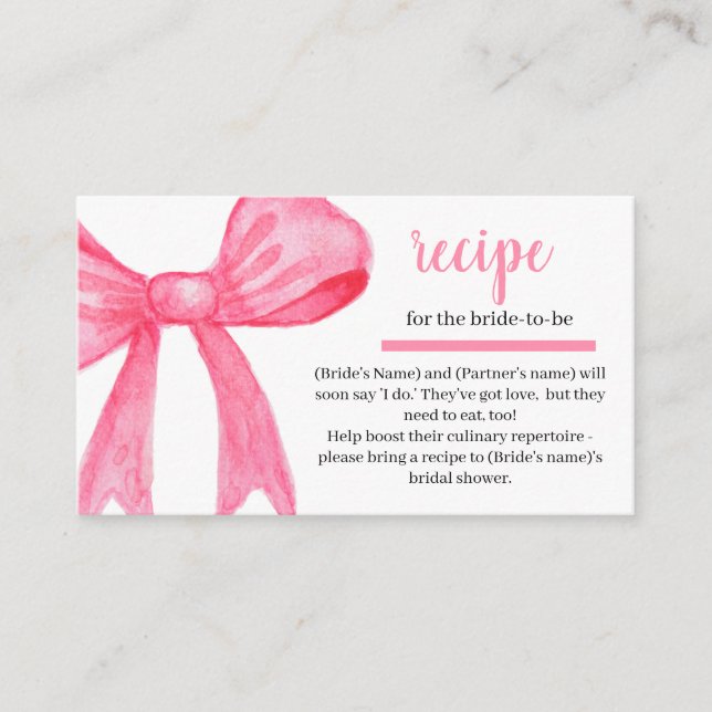 Pink Watercolor Bow Coquette Recipe Request Enclosure Card (Front)