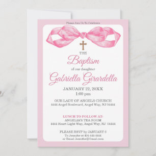 Pink Watercolor Bow & Cross Baptism Christening Invitation