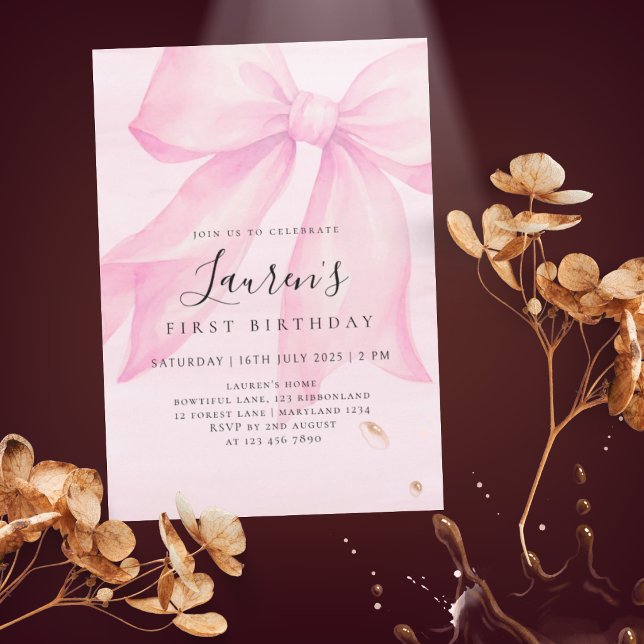 Pink Watercolor Bow First Birthday Invitation (Creator Uploaded)