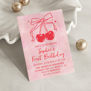 Pink Watercolor Bow Fruit Cherry First Birthday Invitation