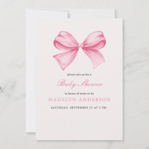 Pink Watercolor Bow Girl Baby Shower Invitation