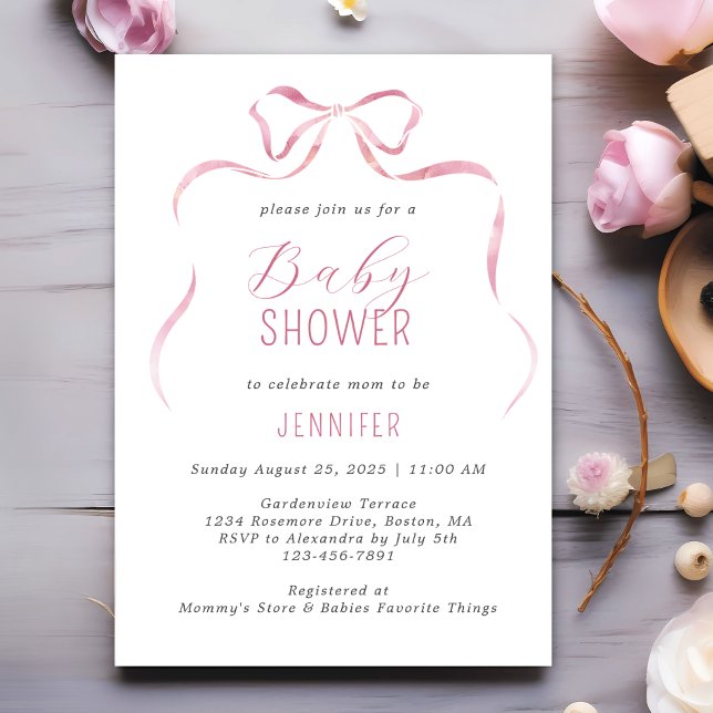 Pink Watercolor Bow Girl Baby Shower Invitation (Creator Uploaded)
