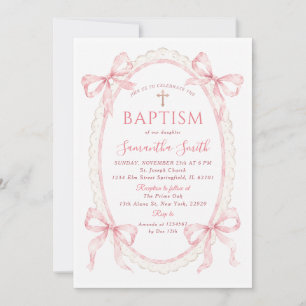 Pink Watercolor Bow Girl Baptism Invitation