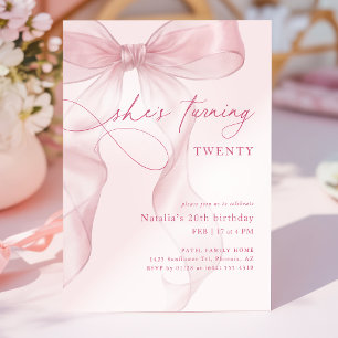 Pink Watercolor Bow Girls 20th Birthday Party Invitation