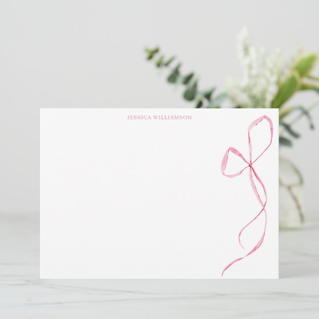 Pink Watercolor Bow Personalized Stationery Thank You Card (Standing Front)