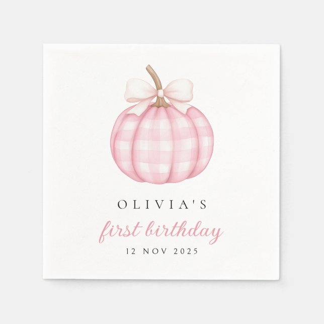 Pink watercolor Bow Pumpkin 1st Birthday Napkins (Front)