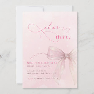 Pink Watercolor Bow Ribbon Girls 30th Birthday Invitation