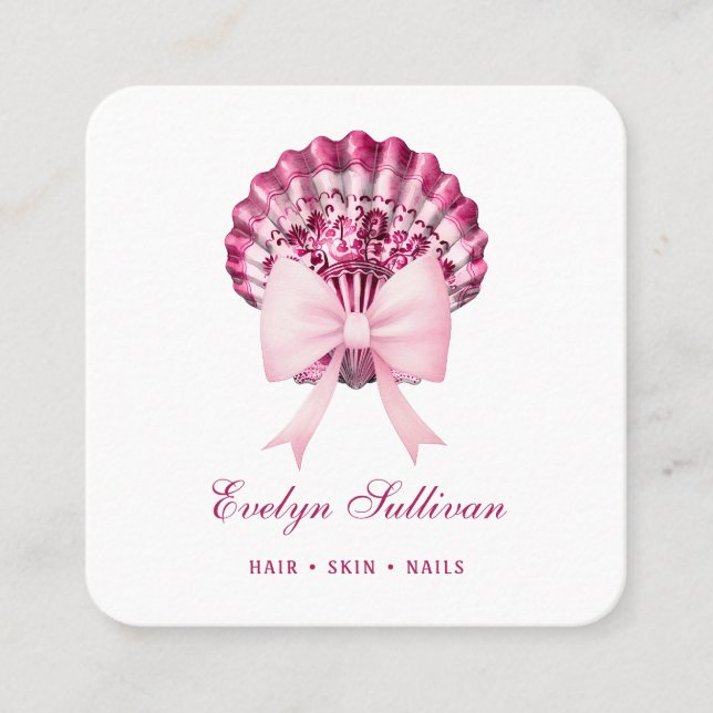 Pink watercolor bow seashell logo business card (Front)