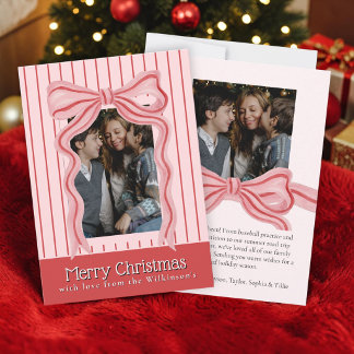 Pink Watercolor Bow Striped Photo Christmas Invitation