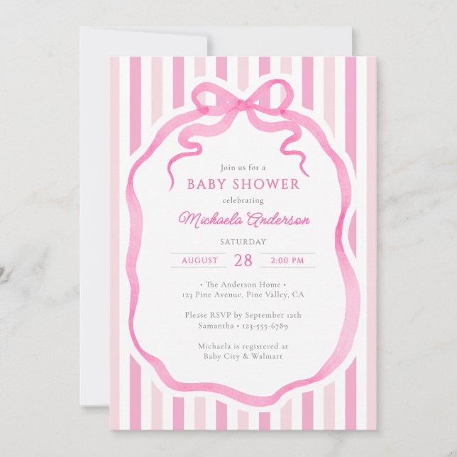 Pink Watercolor Bow & Stripes Baby Shower Invitation (Front)