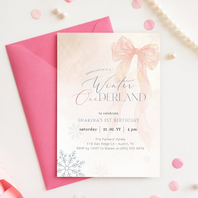 Pink Watercolor Bow Winter Onederland 1st Birthday Invitation (Creator Uploaded)