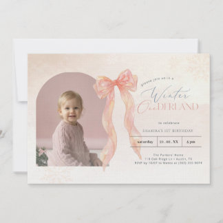 Pink Watercolor Bow Winter Onederland Arch Photo Invitation