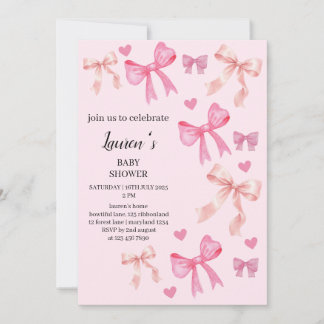 Pink Watercolor Bows Hearts Girl Baby Shower Invitation