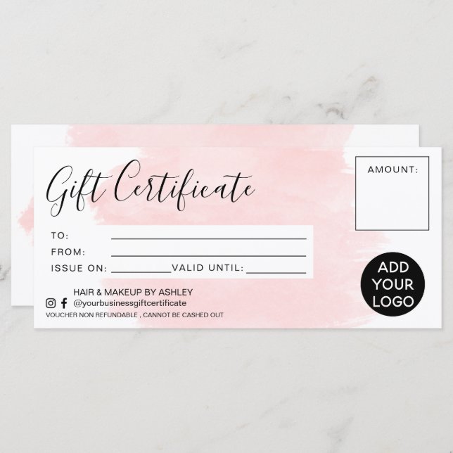 Pink watercolor brushstroke gift certificate logo (Front/Back)