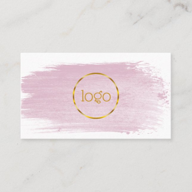 Pink watercolor brushstroke gold your logo  busine business card (Front)