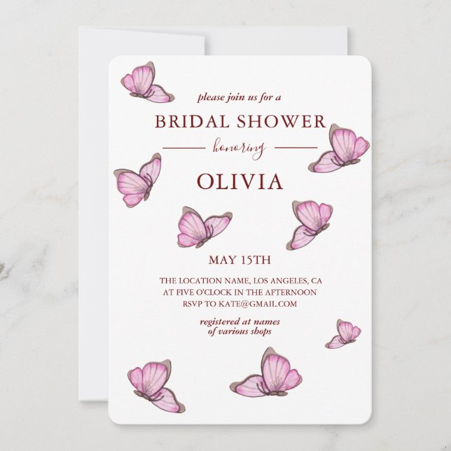 Pink watercolor butterflies. Elegant Bridal Shower Invitation (Front)
