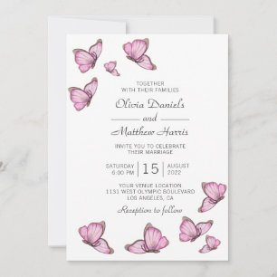 Pink watercolor butterflies. Elegant wedding Invitation