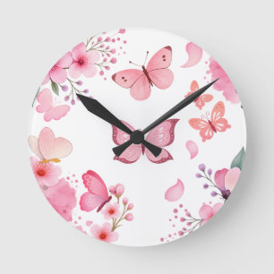 Pink Watercolor Butterfly Floral Garden Round Clock