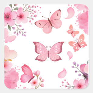 Pink Watercolor Butterfly Floral Garden Square Sticker