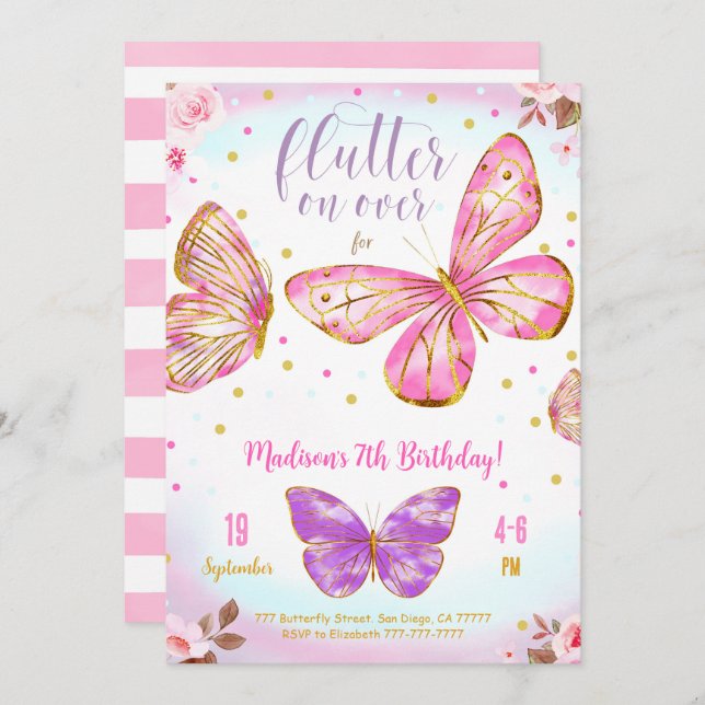Pink Watercolor Butterfly Invitation (Front/Back)