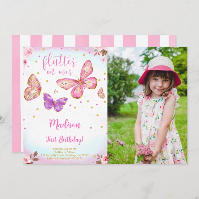 Pink Watercolor Butterfly Photo Invitation (Front/Back)