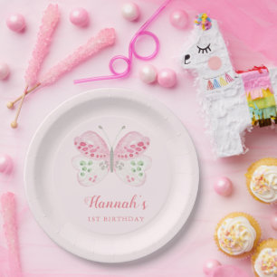 Pink Watercolor Butterfly Pink 1st Birthday Party Paper Plate