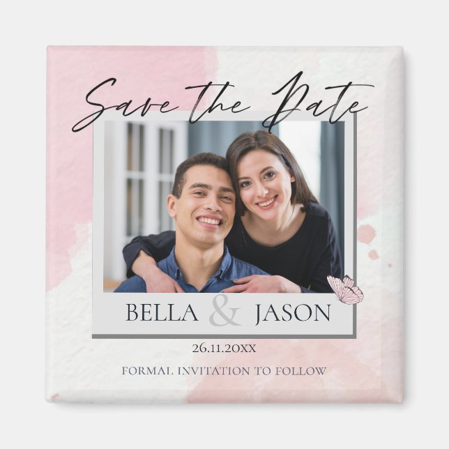 Pink Watercolor Butterfly Wedding Save The Date Magnet (Front)