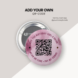 Pink Watercolor Buy Birthday Girl Drink QR Code 6 Cm Round Badge