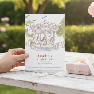 Pink Watercolor Carousel 1st Birthday Announcement