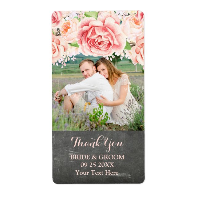 Pink Watercolor Chalkboard Photo Wedding Label (Front)