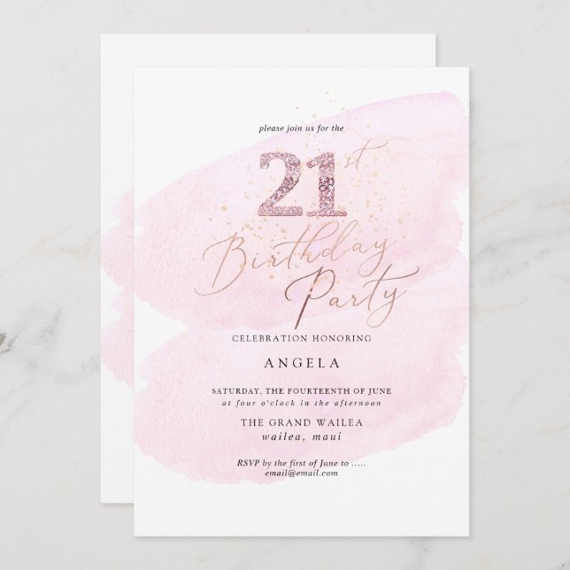 Pink Watercolor Champagne Bubbles 21st ANY AGE Invitation (Front/Back)