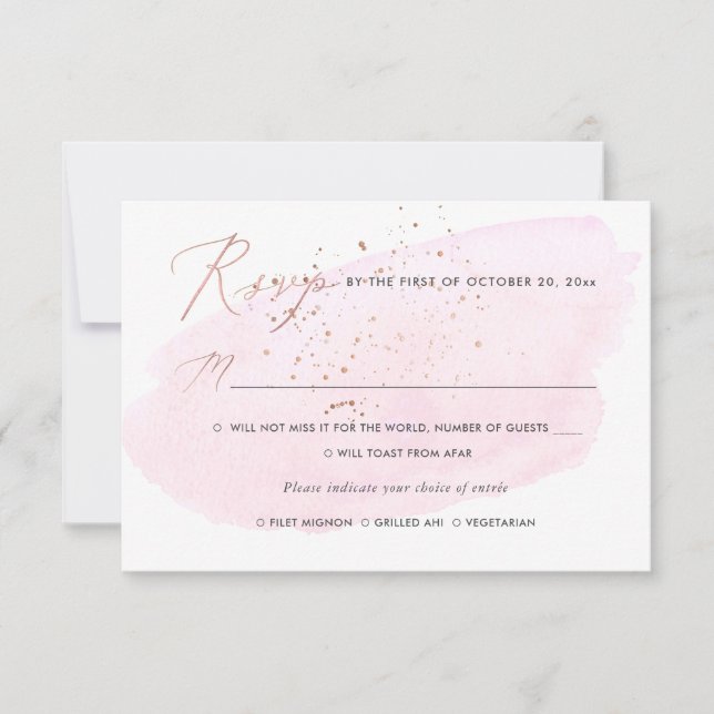 Pink Watercolor Champagne Bubbles RSVP w Meal Invitation (Front)