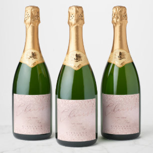 Pink Watercolor Cheers Faux Rose Gold Glitter Sparkling Wine Label