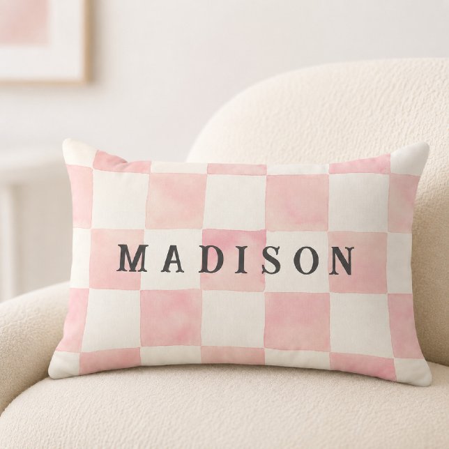 Pink Watercolor Chequerboard Custom Name Lumbar Cushion (Creator Uploaded)
