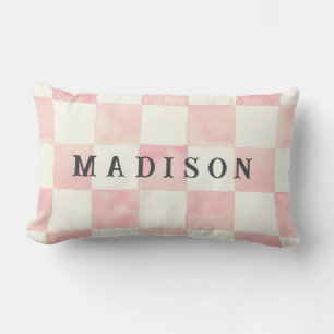 Pink Watercolor Chequerboard Custom Name Lumbar Cushion