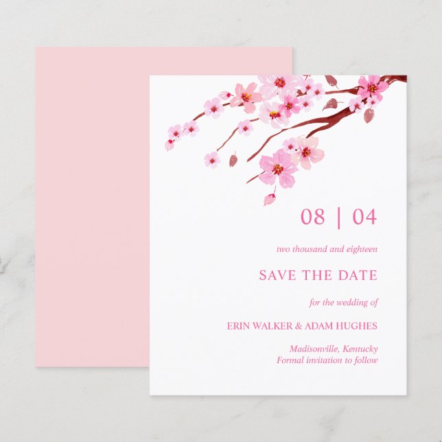 Pink Watercolor Cherry Blossom  Save The Date (Front/Back)