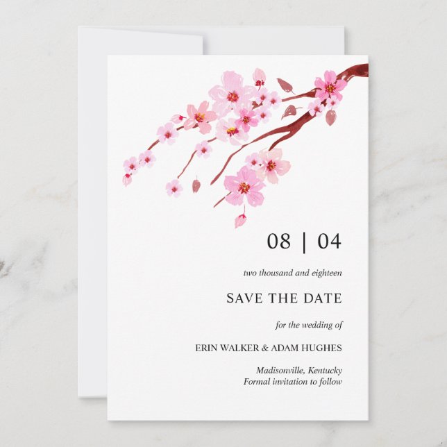 Pink Watercolor Cherry Blossom  Save The Date (Front)